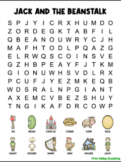 A free printable Jack and the Beanstalk word search for 1st graders with a picture above each word to find.