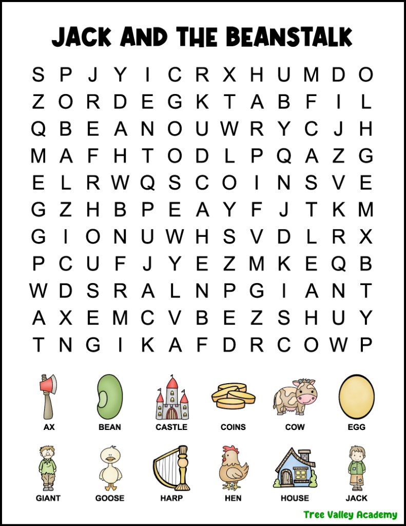 A free printable Jack and the Beanstalk word search for 1st graders with a picture above each word to find.