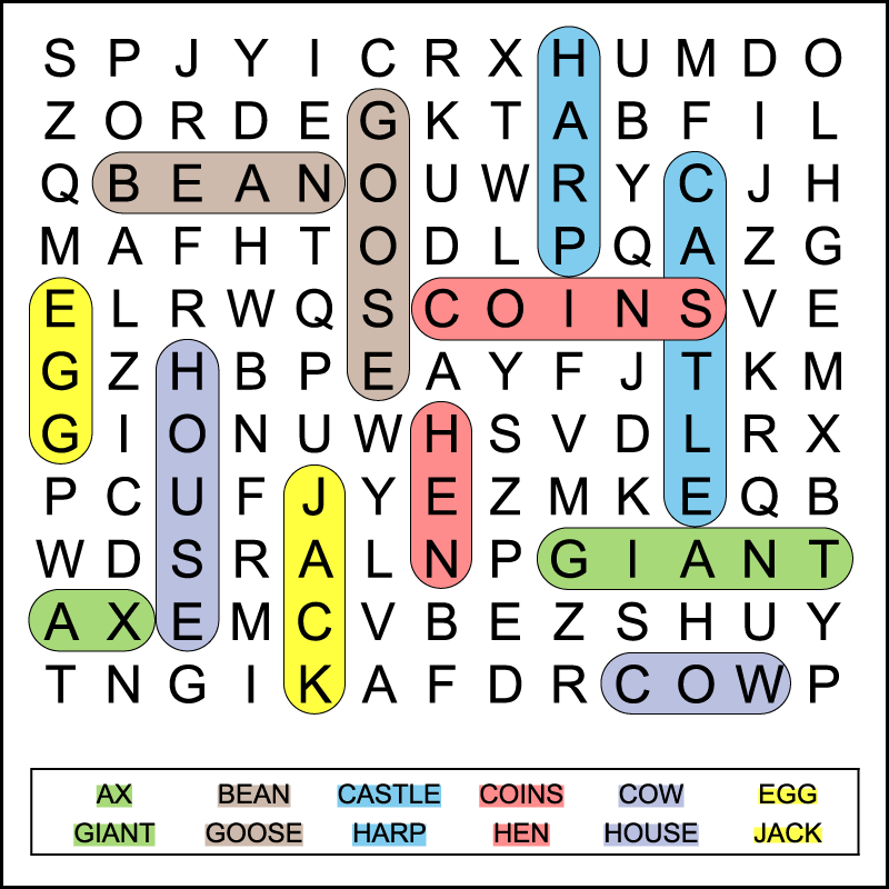 The color-coded answer key to a 1st grade Jack and the Beanstalk word search.