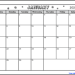 A black and white full page printable January 2024 calendar. The winter themed calendar is decorated with snowflakes in the month name and year section. There's also a blank space to write notes.