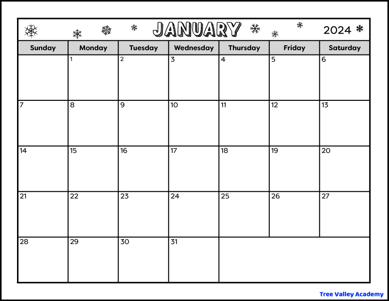 A black and white full page printable January 2024 calendar. The winter themed calendar is decorated with snowflakes in the month name and year section. There's also a blank space to write notes.