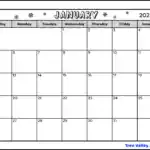 A black and white full page printable January 2025 calendar. The winter themed calendar is decorated with snowflakes in the month name and year section. There's also a blank space to write notes.