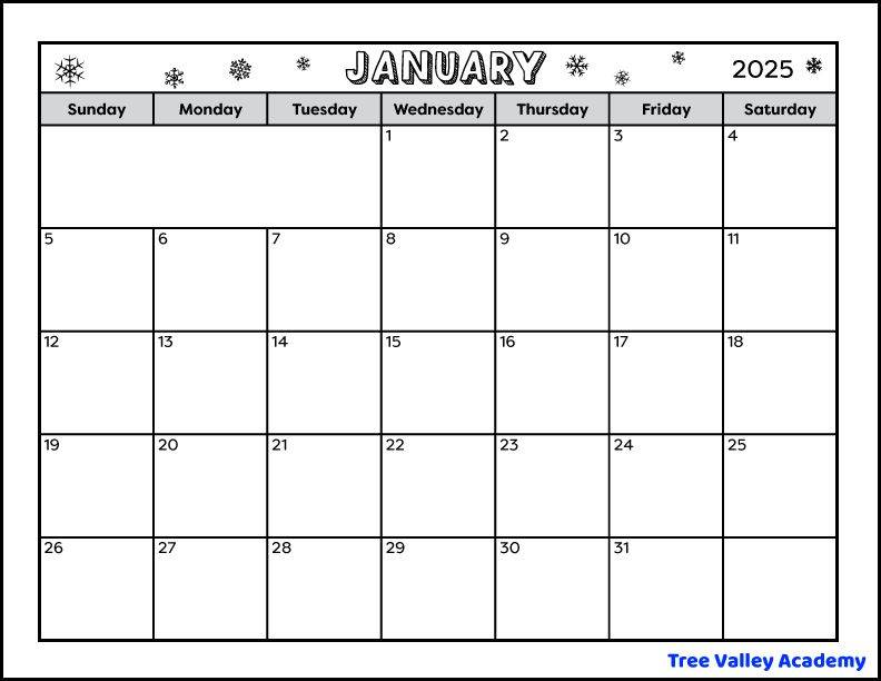 A black and white full page printable January 2025 calendar. The winter themed calendar is decorated with snowflakes in the month name and year section. There's also a blank space to write notes.