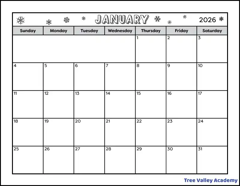 A black and white full page printable January 2026 calendar. The winter themed calendar is decorated with snowflakes in the month name and year section. There's also a blank space to write notes.