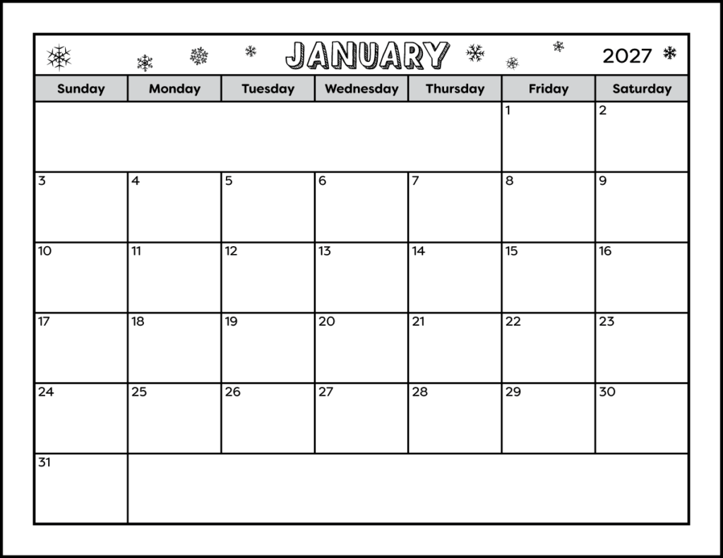 A black and white full page printable January 2027 calendar. The winter themed calendar is decorated with snowflakes in the month name and year section. There are also 2 blank spaces to write notes.