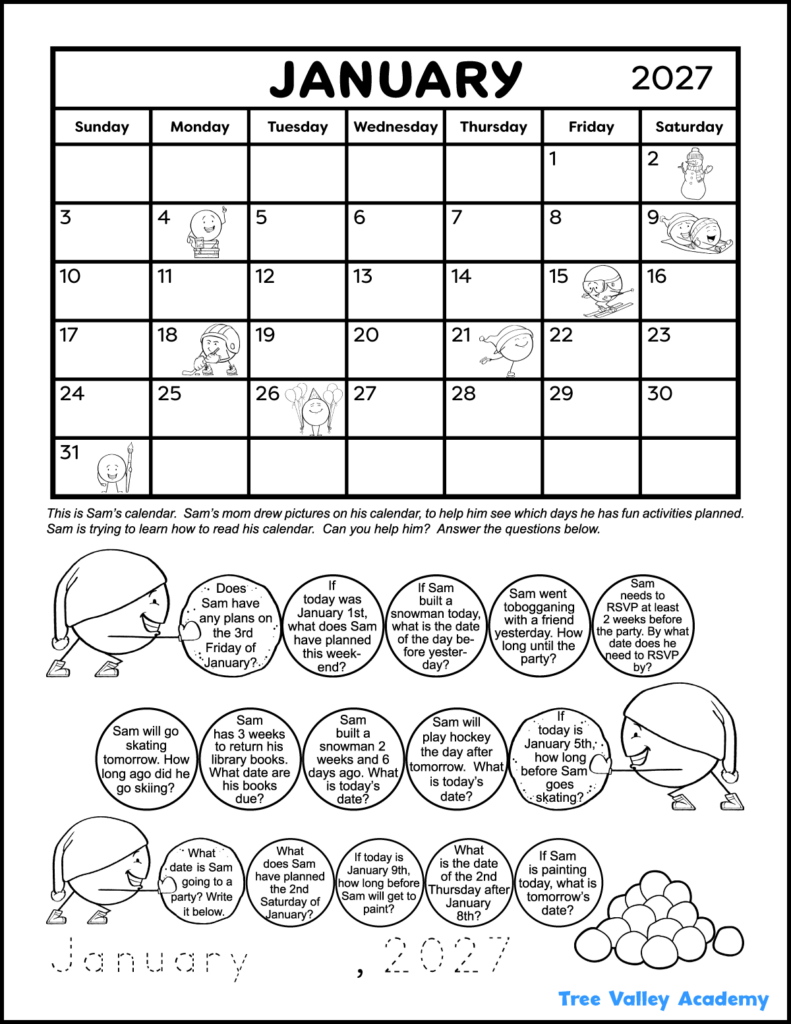 A printable 2nd-grade calendar worksheet. The top half of the black and white math worksheet has a January 2027 monthly calendar. There are cute illustrations of different activities for each day of the calendar. The bottom half has 15 2nd-grade calendar word problems. Each question is written in a picture of a snowball. Kids can color each snowball as they answer each calendar question.