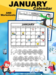 Free printable 1st & 2nd grade calendar worksheets with an adorable winter theme and a printable January calendar.