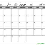 A black and white full page printable calendar for the month of July 2024. The July monthly calendar has a vacation theme and is decorated with images of a flying plane, flowers, a suitcase, a cruise ship, and an island with palm trees at the top of the page. There's also 2 blank areas to write notes in.