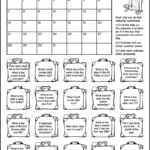 A free printable calendar worksheet for 1st and 2nd grade for the month of July 2024. There's 20 suitcases each containing a calendar question. Kids can color the suitcase as they answer the questions.