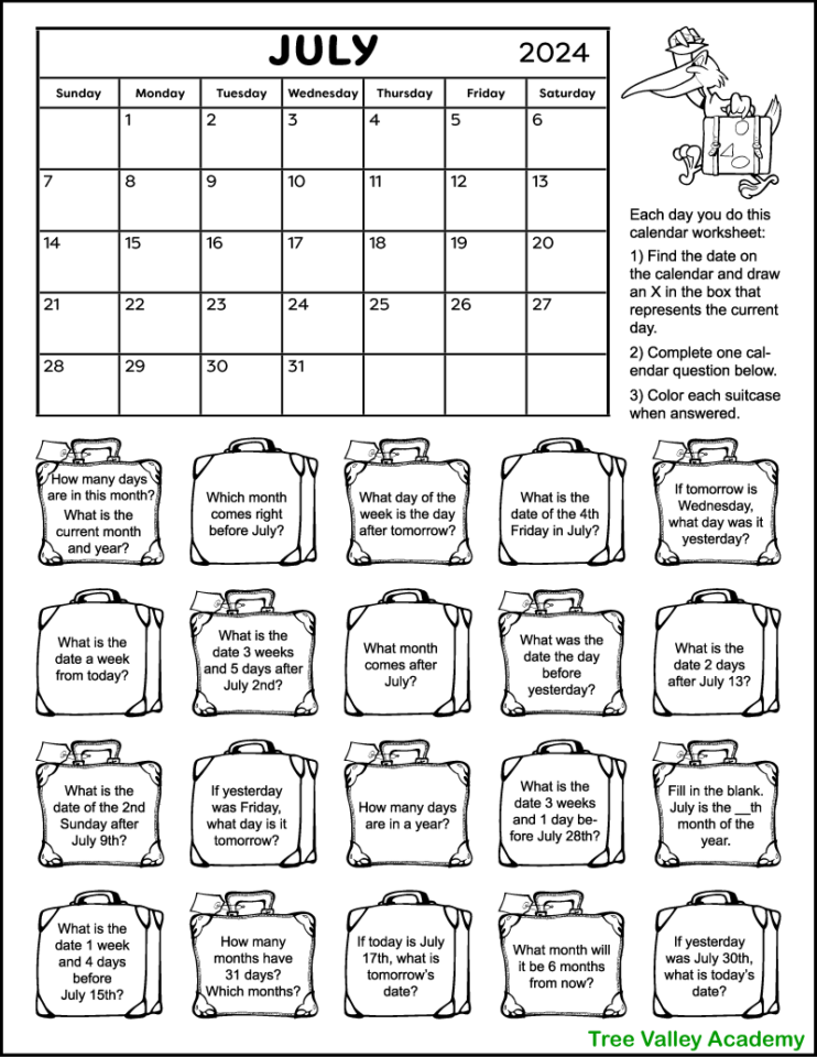 July 2024 Calendar & Calendar Worksheets Tree Valley Academy
