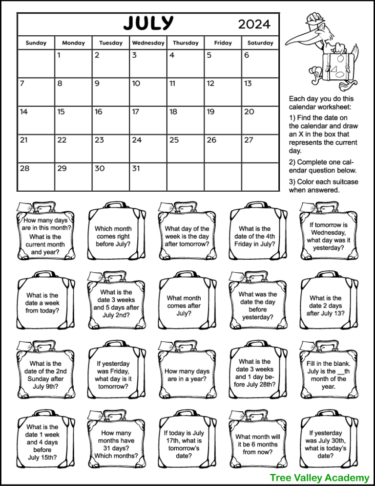 July 2024 Calendar & Calendar Worksheets Tree Valley Academy