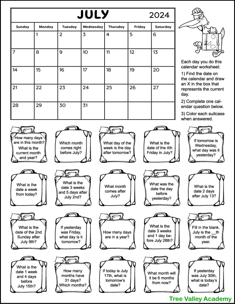 A free printable calendar worksheet for 1st and 2nd grade for the month of July 2024. There's 20 suitcases each containing a calendar question. Kids can color the suitcase as they answer the questions.