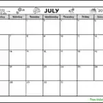A black and white full page printable calendar for the month of July 2025. The July monthly calendar has a vacation theme and is decorated with images of a flying plane, flowers, a suitcase, a cruise ship, and an island with palm trees at the top of the page. There's also 2 blank areas to write notes in.