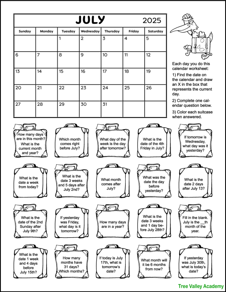 A free printable calendar worksheet for 1st and 2nd grade for the month of July 2025. There's 20 suitcases each containing a calendar question. Kids can color the suitcase as they answer the questions.