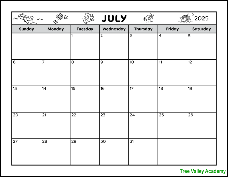 A black and white full page printable calendar for the month of July 2025. The July monthly calendar has a vacation theme and is decorated with images of a flying plane, flowers, a suitcase, a cruise ship, and an island with palm trees at the top of the page. There's also 2 blank areas to write notes in.