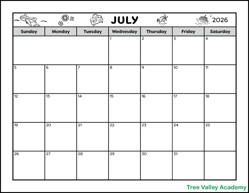 A black and white full page printable calendar for the month of July 2026. The July monthly calendar has a vacation theme and is decorated with images of a flying plane, flowers, a suitcase, a cruise ship, and an island with palm trees at the top of the page. There's also a blank area for notes.
