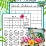 Black and white full page printable July calendar and printable calendar worksheets for grades 1 & 2. Each worksheet has a July calendar and 20 suitcases with a calendar question written inside each suitcase. Kids color each bag as they answer its question. The calendar has a vacation theme and has small images of a plane, flowers, luggage, a tropical island, and a cruise ship.