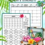 Black and white full page printable July calendar and printable calendar worksheets for grades 1 & 2. Each worksheet has a July calendar and 20 suitcases with a calendar question written inside each suitcase. Kids color each bag as they answer its question. The calendar has a vacation theme and has small images of a plane, flowers, luggage, a tropical island, and a cruise ship.