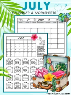 Black and white full page printable July calendar and printable calendar worksheets for grades 1 & 2. Each worksheet has a July calendar and 20 suitcases with a calendar question written inside each suitcase. Kids color each bag as they answer its question. The calendar has a vacation theme and has small images of a plane, flowers, luggage, a tropical island, and a cruise ship.