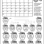 A free printable calendar worksheet for 1st and 2nd grade for the month of June 2024. There's 18 strawberry shapes each containing a calendar question. Kids can color the strawberries as they answer the questions.