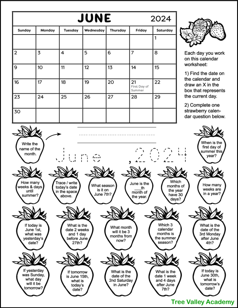 A free printable calendar worksheet for 1st and 2nd grade for the month of June 2024. There's 18 strawberry shapes each containing a calendar question. Kids can color the strawberries as they answer the questions.