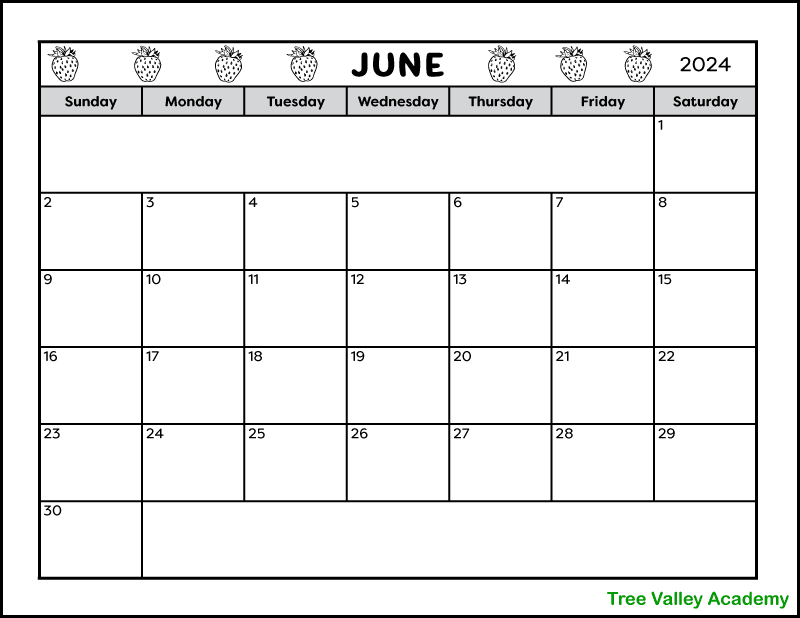 A black and white full page printable calendar for the month of June 2024. The June monthly calendar is decorated with images of strawberries at the top of the page. There's also a blank area to write notes in.