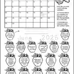 A free printable calendar worksheet for 1st and 2nd grade for the month of June 2025. There's 18 strawberry shapes each containing a calendar question. Kids can color the strawberries as they answer the questions.