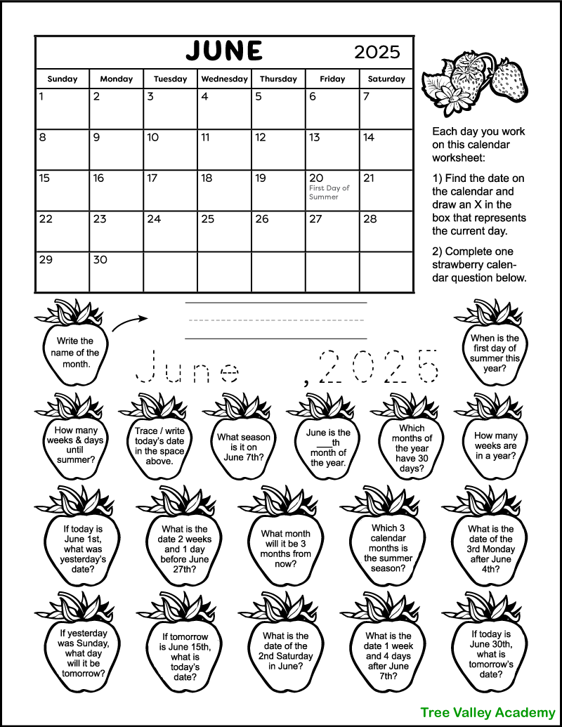 Calendar Worksheet for June 2025 Tree Valley Academy