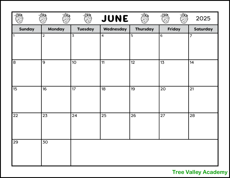 A black and white full page printable calendar for the month of June 2025. The June monthly calendar is decorated with images of strawberries at the top of the page. There's also a blank area to write notes in.