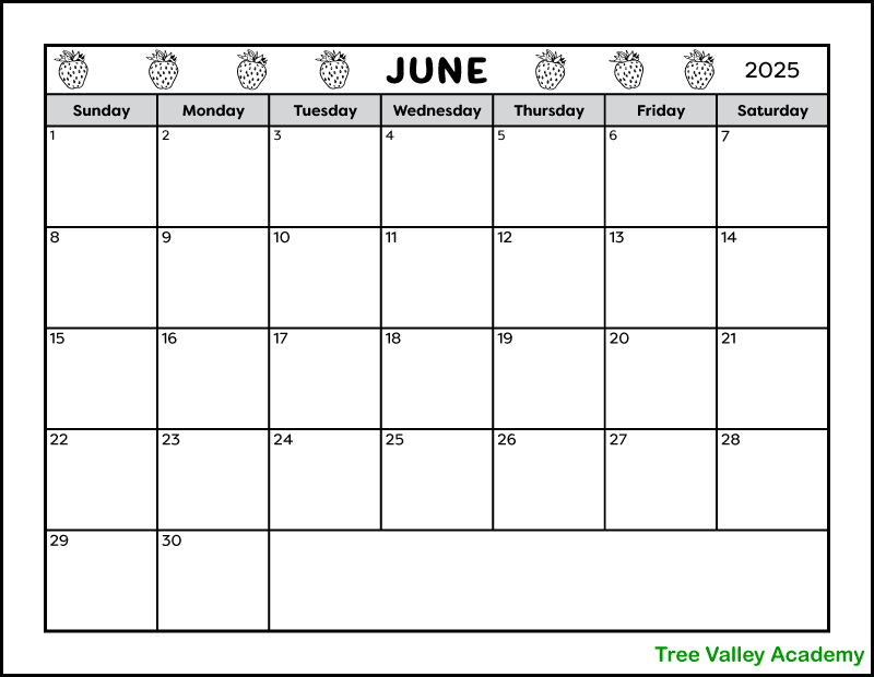 Calendar Worksheet for June 2025 Tree Valley Academy
