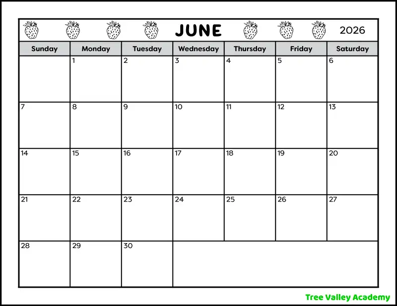A black and white full page printable calendar for the month of June 2026. The June monthly calendar is decorated with images of strawberries at the top of the page. There's also a blank area to write notes in.