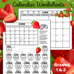 Black and white printable June calendar worksheets for grades 1 & 2. Each worksheet has a June calendar and 18 strawberries with a calendar question written inside each strawberry. Kids color each strawberry as they answer its question. There's also a full page printable strawberry themed calendar for the month of June.