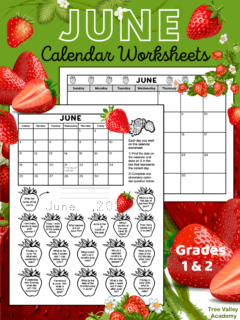 Black and white printable June calendar worksheets for grades 1 & 2. Each worksheet has a June calendar and 18 strawberries with a calendar question written inside each strawberry. Kids color each strawberry as they answer its question. There's also a full page printable strawberry themed calendar for the month of June.