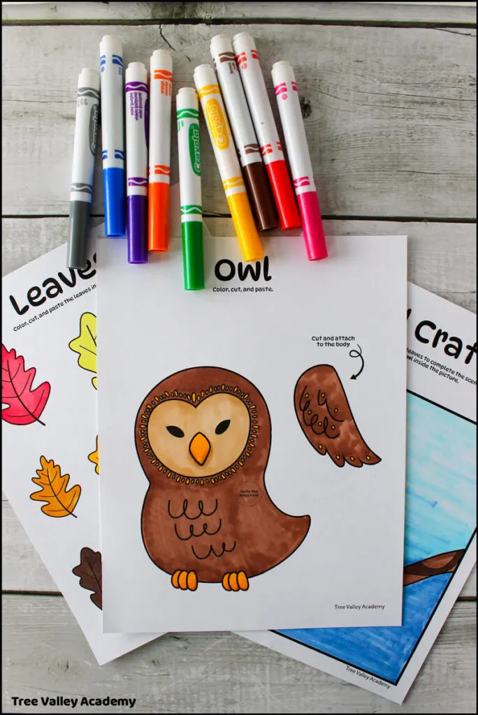 The first step in this fall owl craft for kids is to color. There are 3 coloring pages that need to be colored. There's a page with an owl's body and wing, a page of leaves, and a background page.