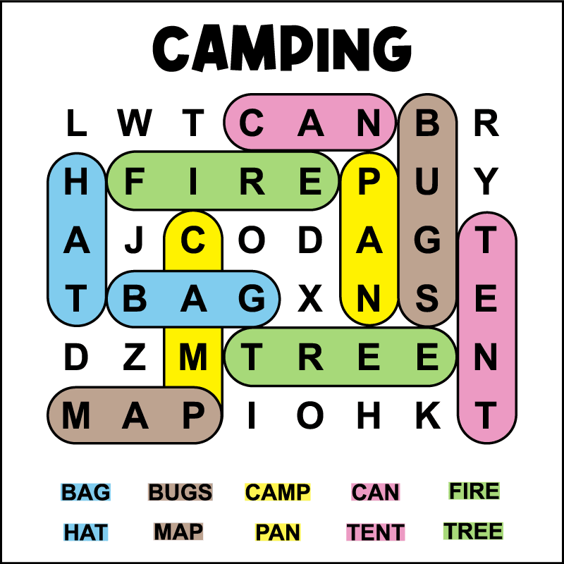 The color-coded answer key for a printable kindergarten camping word search for kids. The preschool word search has 10 hidden 3 or 4 letter camping words in a 6 X 8 grid of large print letters.