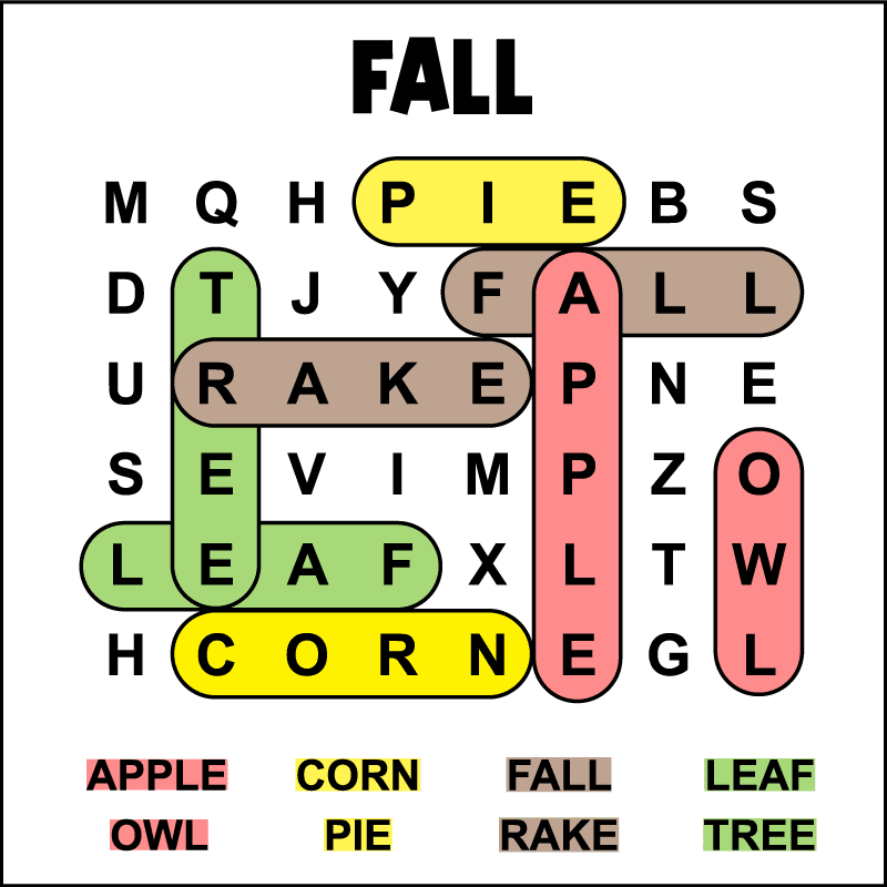 The color-coded answer key for a printable preschool or kindergarten fall word search for kids. The preschool word search has 8 hidden fall words in a 6 X 8 grid of large print uppercase letters.