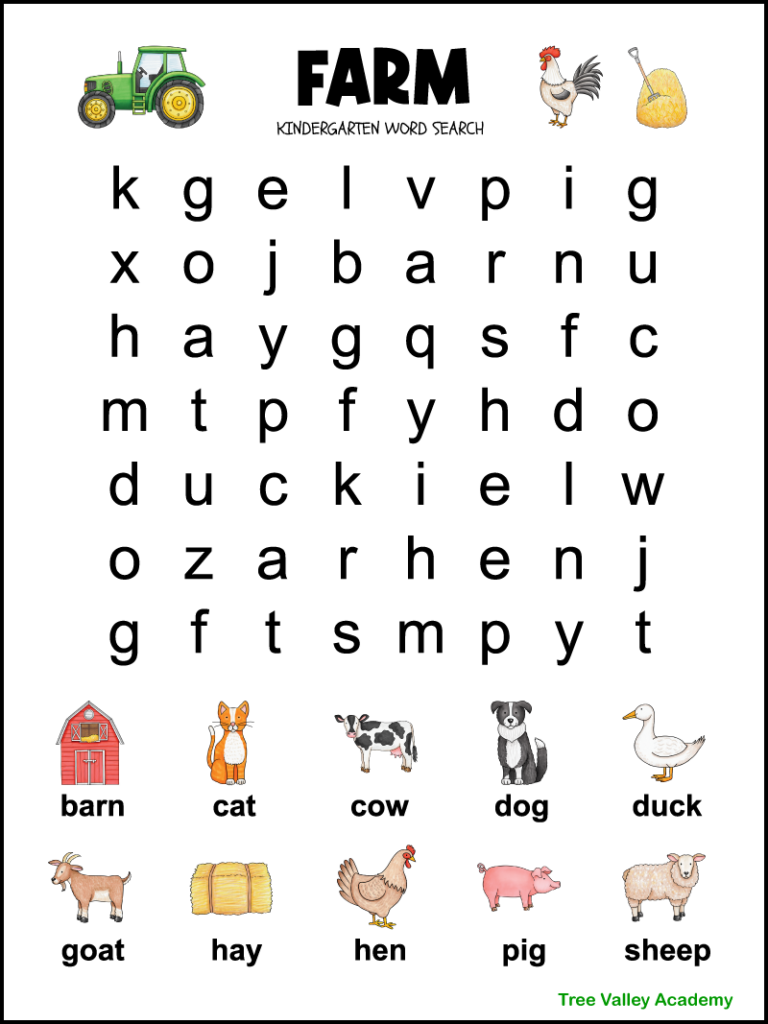 Printable farm themed word search for kindergarten or preschoolers. 10 farm words to find in a 7 X 8 grid of lowercase large print letters. Above each word to find is a beautiful picture of the word. Kids need to find the words: barn, cat, cow, dog, duck, goat, hay, hen, pig, and sheep. An image of a tractor, rooster, and hay with a pitchfork decorate the puzzle.