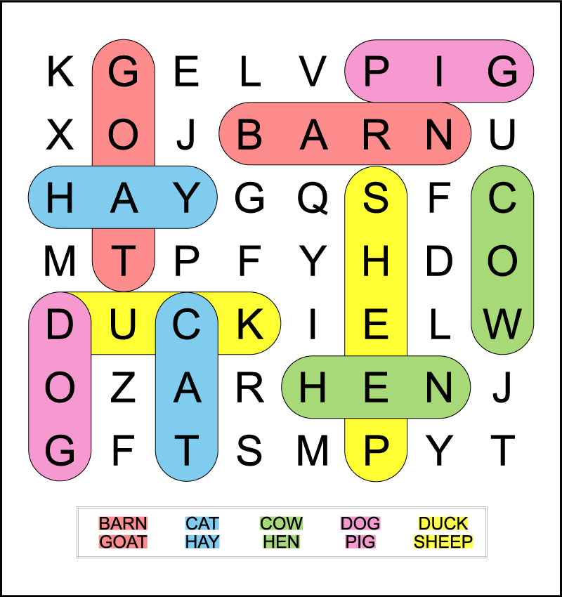 The color-coded answer key for a printable preschool or kindergarten farm word search for kids. The preschool word search has 10 hidden farm words in a 7 X 8 grid of letters.