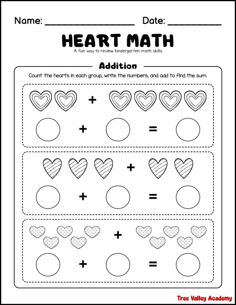 Kindergarten heart themed addition worksheet where students count hearts and add to find the sum.