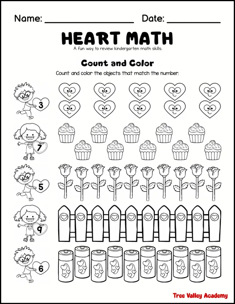 Kindergarten heart themed count and color worksheet. There are groups of 10 objects. Kids are given a number and need to count and color that number of objects.