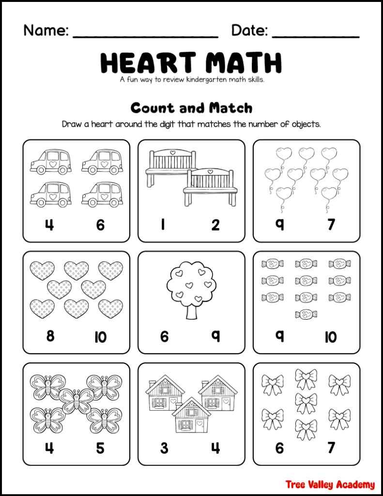 Free Kindergarten Heart Themed Math Worksheets