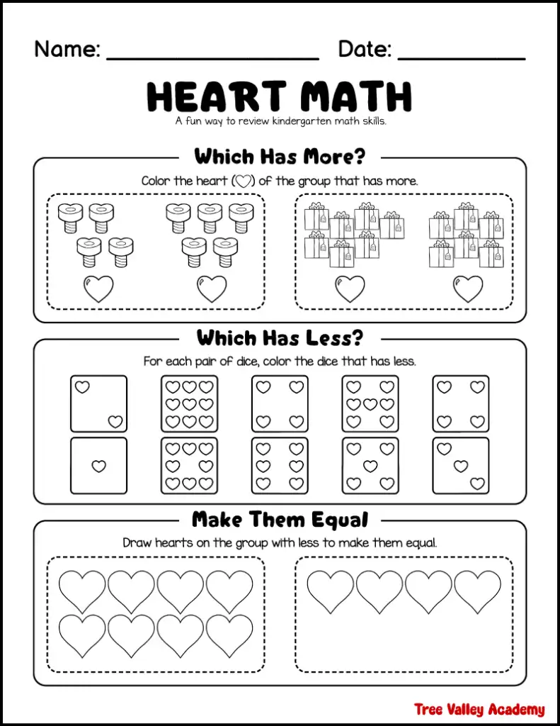 Kindergarten heart themed worksheet for comparing numbers with more, less, and equal activities.