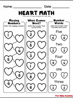 Kindergarten heart themed worksheet with missing numbers, number sequences, and number words.