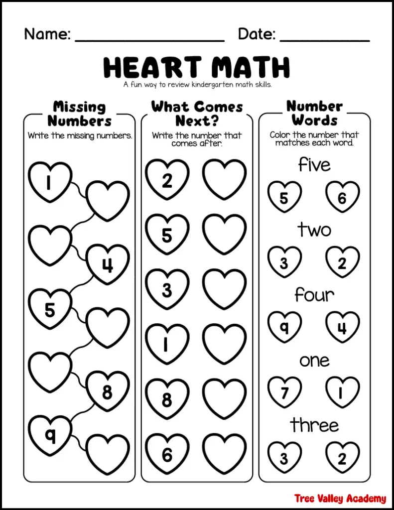 Kindergarten heart themed worksheet with missing numbers, number sequences, and number words.