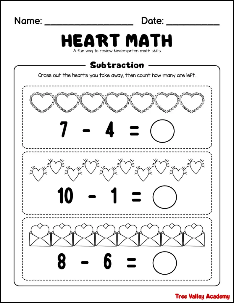 Kindergarten heart themed subtraction worksheet with visual take away problems.