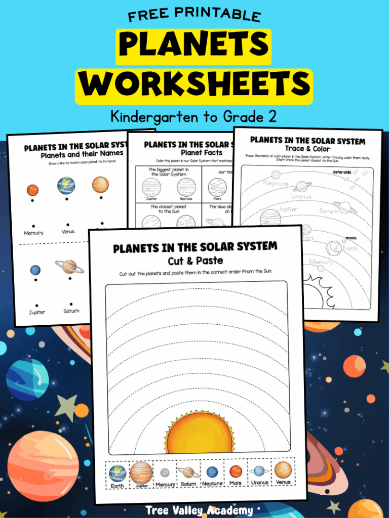 free printable kindergarten planets worksheets solar system activities for kids including tracing matching and cut and paste