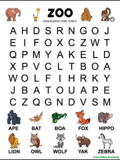 Printable zoo word search for preschoolers and kindergarten. 10 hidden animal words in a 7 X 9 grid of large print uppercase letters. The words to find are ape, bat, boa, fox, hippo, lion, owl, wolf, yak, and zebra. There's a picture showing each word, and other animal pictures decorate the puzzle.