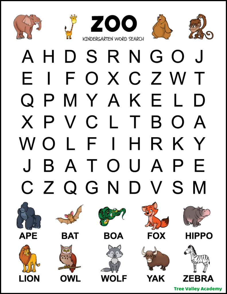 Printable zoo word search for preschoolers and kindergarten. 10 hidden animal words in a 7 X 9 grid of large print uppercase letters. The words to find are ape, bat, boa, fox, hippo, lion, owl, wolf, yak, and zebra. There's a picture showing each word, and other animal pictures decorate the puzzle.