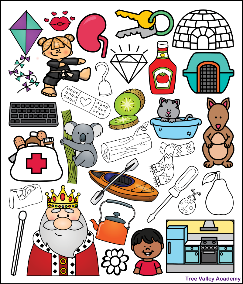 A letter K beginning sound coloring worksheet answer key. It shows which 18 images begin with a K sound and should be colored. Kids should have colored the pictures that show a kite, kiss, karate, kidney, keys, ketchup, kennel, keyboard, kit, koala, kiwi, kitten, kangaroo, king, kettle, kayak, kid, and kitchen.