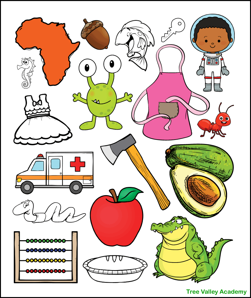 The answer key for a printable letter A beginning sound worksheet. It shows which of the 18 images should be colored. Twelve images should be colored, 9 that begin with a short letter A sound and 3 with a long A sound. Kids need to color the image of an astronaut, ant, ax, avocado, apple, alligator, ambulance, abacus, and Africa. They also need to color the alien, apron, and acorn.